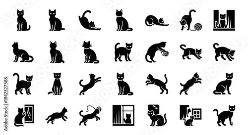Diverse collection of elegant cat silhouettes captured in various playful and natural poses, perfect for graphic design projects and pet-related branding