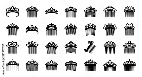 Elegant collection of diverse tiara, crown, and hair comb silhouettes. A versatile assortment of fancy and royal headpieces perfect for bridal, fashion, and event graphic design projects