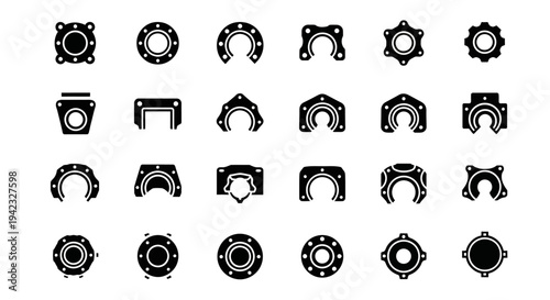 Diverse collection of black silhouette icons depicting essential mechanical parts and components, perfect for industrial design, engineering diagrams, and abstract technical representations