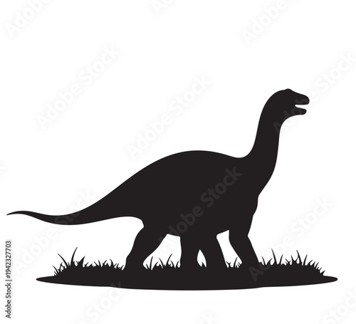 Iconic black silhouette of a massive long-necked sauropod dinosaur, a powerful herbivore, gracefully traversing prehistoric landscape, symbolizing ancient life and natural history