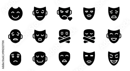 Collection of diverse emotive face masks displayed in a grid arrangement, showcasing various expressions and designs