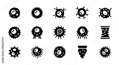 Collection of various black virus icons on a white background, depicting different types of viruses and microorganisms in a simple, illustrative style from a straightforward viewpoint.