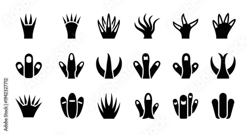 Collection of black silhouettes of gardening gloves in various styles on a clean white background