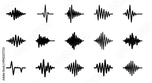 Collection of various sound wave patterns and signal graphics displayed in a grid layout for audio and music visualization purposes