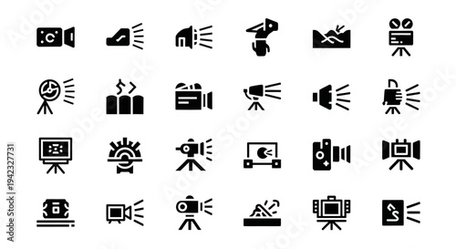 Collection of black media icons on a white background representing various devices and equipment
