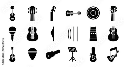Collection of music icons featuring instruments and equipment from various viewpoints