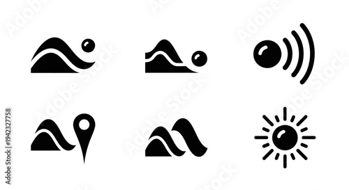 Collection of abstract landscape and nature-inspired icons, including mountains, sun, and location markers, presented in a simple black and white visual style