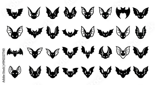 Collection of various bat silhouettes displayed in a grid pattern on a clean white background from a straightforward viewpoint