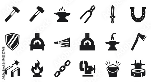 Collection of blacksmithing and metalwork icons displayed on a white background from a straightforward viewpoint