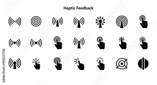 Haptic feedback icons collection displayed on a clean white interface showcasing various gesture and vibration symbols