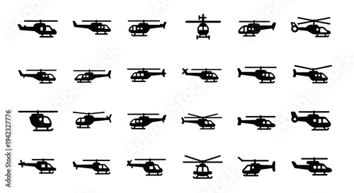 Collection of Various Helicopter Silhouettes in Different Angles and Views