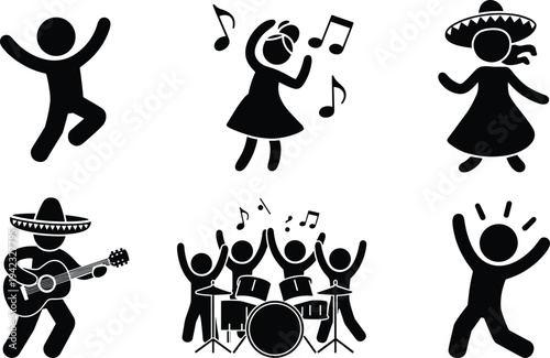 Set of Mexican Fiesta Party People Silhouettes with Dancers Musicians Guitarist and Drummer Retro Black and White Vector Illustration Icon (Exactly 20 words)