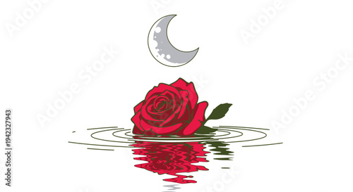 Rose in Water Reflection Under Crescent Moon - A Serene Night Bloom.