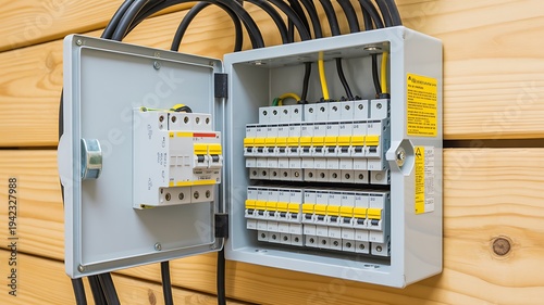 Open electrical fuse box with circuit breakers and black cables mounted on a light wooden wall.