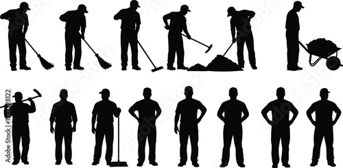 Construction Worker Silhouette Set Laborers Sweeping Digging and Working with Tools Industrial Builder People Vector Illustration Collection
