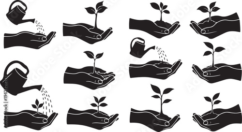 Nurturing Growth with Careful Hands and Watering Can Icons
