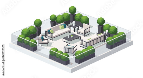 An isometric rooftop terrace with multiple seating areas, spherical green bushes in planters, and a transparent glass railing is depicted.