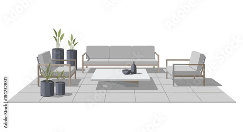 An outdoor patio furniture set, including a sofa, two armchairs, and a coffee table, is arranged with potted plants on a tiled surface.