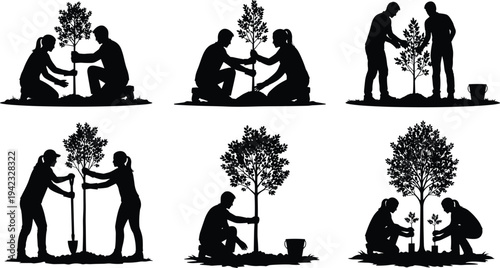 People Planting Tree Silhouette Set Volunteers Gardening and Environmental Conservation Activity Nature Care Vector Illustration Collection