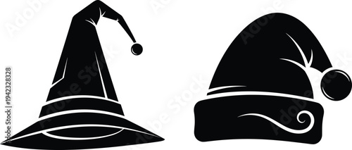 Santa Hat and Christmas Elf Hat Silhouette Set Holiday Winter Costume Accessories Vector Illustration Isolated on White