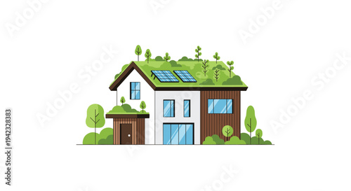 A modern, two-story house with a green living roof, solar panels, and surrounding greenery is prominently displayed on a clean white background.