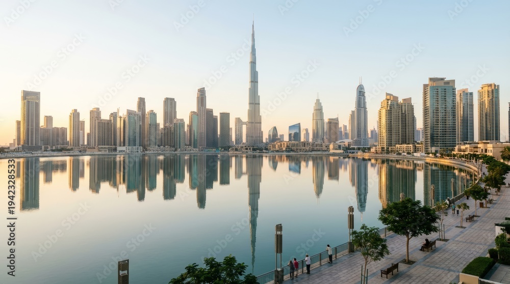 Fototapeta premium Dubai City Skyline Reflecting In Water During Golden Hour With Burj Khalifa And Modern Architecture