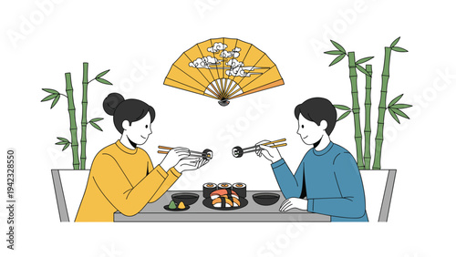 Young couple enjoys a delicious sushi meal at a restaurant with traditional bamboo plants and a decorative fan in the background.