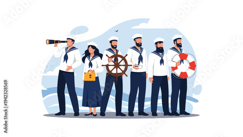 Diverse group of professional sailors in uniform stand together on a ship deck representing teamwork and maritime occupations.
