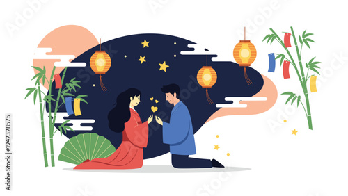 Romantic couple celebrates the Tanabata festival under a starry sky with traditional paper decorations and bamboo branches.