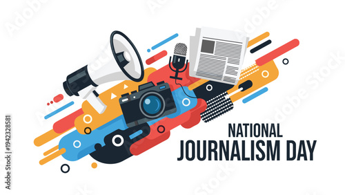Vibrant illustration celebrates National Journalism Day with icons like a camera, megaphone, microphone, and daily newspaper.