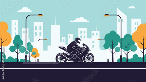 Silhouette of a motorcyclist rides a modern sport bike through a stylized city park with trees and tall buildings behind.