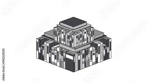 Large collection of books is stacked to form a tall pyramid structure representing education, knowledge, and academic study.