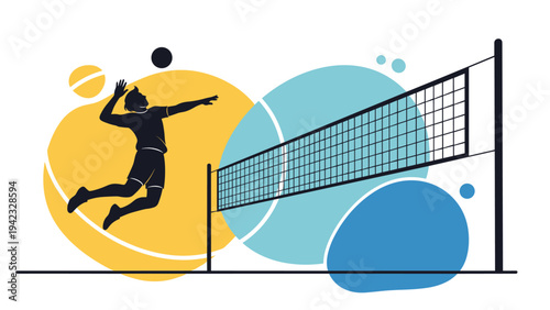 Silhouette of a volleyball player jumps high to spike the ball over a net against a creative background with colorful shapes.