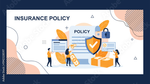 Professional team works together on an insurance policy document surrounded by safety icons and stacks of financial coins.
