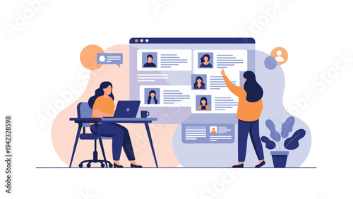 Two human resource professionals review diverse candidate profiles on a large digital screen to find the best job applicant.