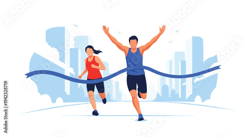 Male runner crosses the marathon finish line with his arms raised in triumph while a female athlete follows closely behind.