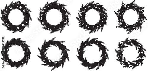Collection of black floral wreath designs on white background