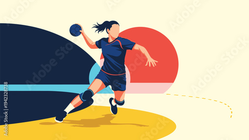 Female handball player in action throws a ball during a match against a background of colorful circles and sports elements.