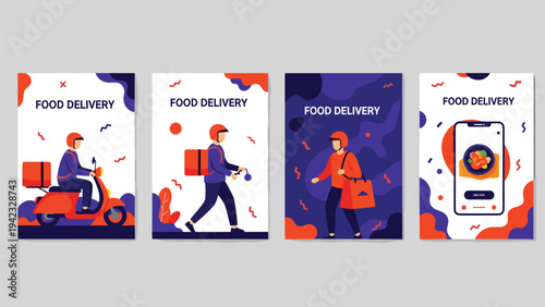 Series of promotional banners for food delivery services shows couriers on scooters and walking with thermal bags.