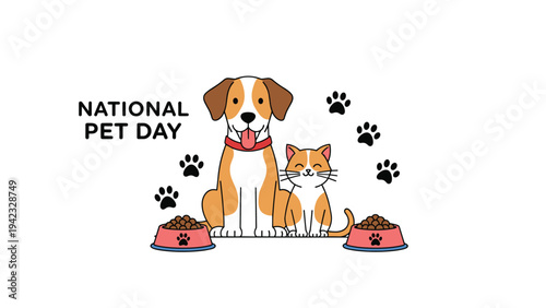 Happy dog and cat sit together with their food bowls to celebrate National Pet Day and the bond between humans and animals.