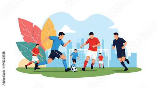 Group of male soccer players competes in a match on a green field with a city skyline and colorful leaves in the background.