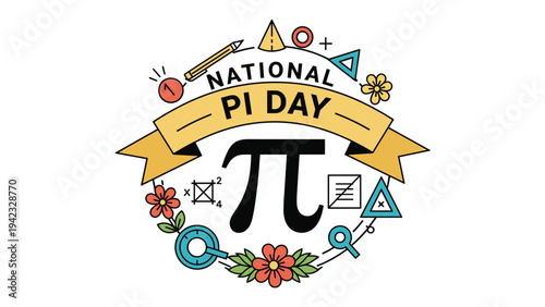 Decorative emblem for National Pi Day includes a large pi symbol surrounded by mathematical tools and colorful spring flowers.