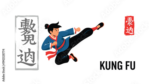 Skilled martial artist performs a powerful high kick during a kung fu demonstration with traditional calligraphy behind her.