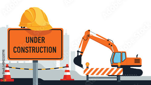 Under construction scene with heavy machinery features a bright orange excavator working behind a safety sign with a yellow hard hat on top.