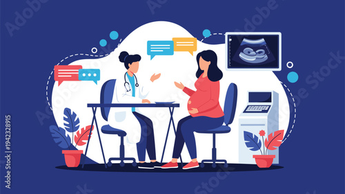 Pregnant woman having a medical consultation with a female doctor in a clinic with an ultrasound screen showing a baby in the background.