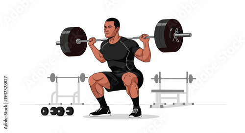 A strong muscular man in black athletic wear performs a barbell back squat in a gym setting with various weights and equipment visible.