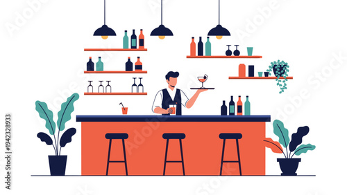 Professional male bartender serving a cocktail at a stylish bar counter decorated with indoor plants and shelves of various liquor bottles.