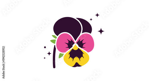 Stylized Pansy Flower Illustration with Vibrant Colors and Sparkles.