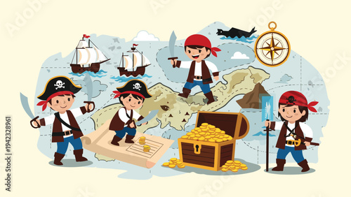 Group of cute cartoon pirates exploring a treasure map with a large chest full of gold coins and sailing ships in the background ocean.