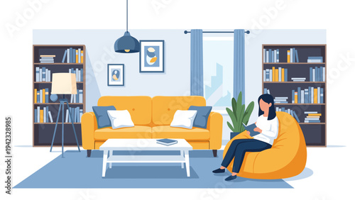 Comfortable living room interior design features a young woman reading a book while sitting in a large orange beanbag chair by the bookshelf.